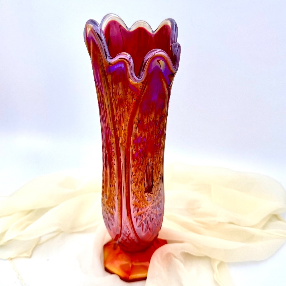 π SOLD π Carnival Glass Swung Vase Vintage Orange Red Eclectic Artistic Decor - Picture 5 of 10